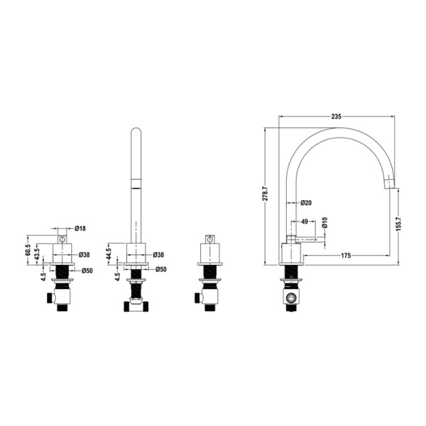 Aero 3 Hole Copper Finish Kitchen Tap